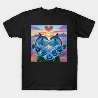 Dolphin Hearts Of Love With Blue Roses At Sunset 6 T-Shirt